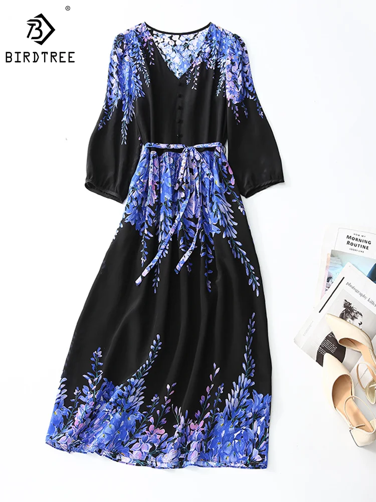 Birdtree 100%Real Silk Elegant Fashion Dresses Women V-neck Three Quarter Sleeve Floral Print Midi Dress Spring Summer D37614QM