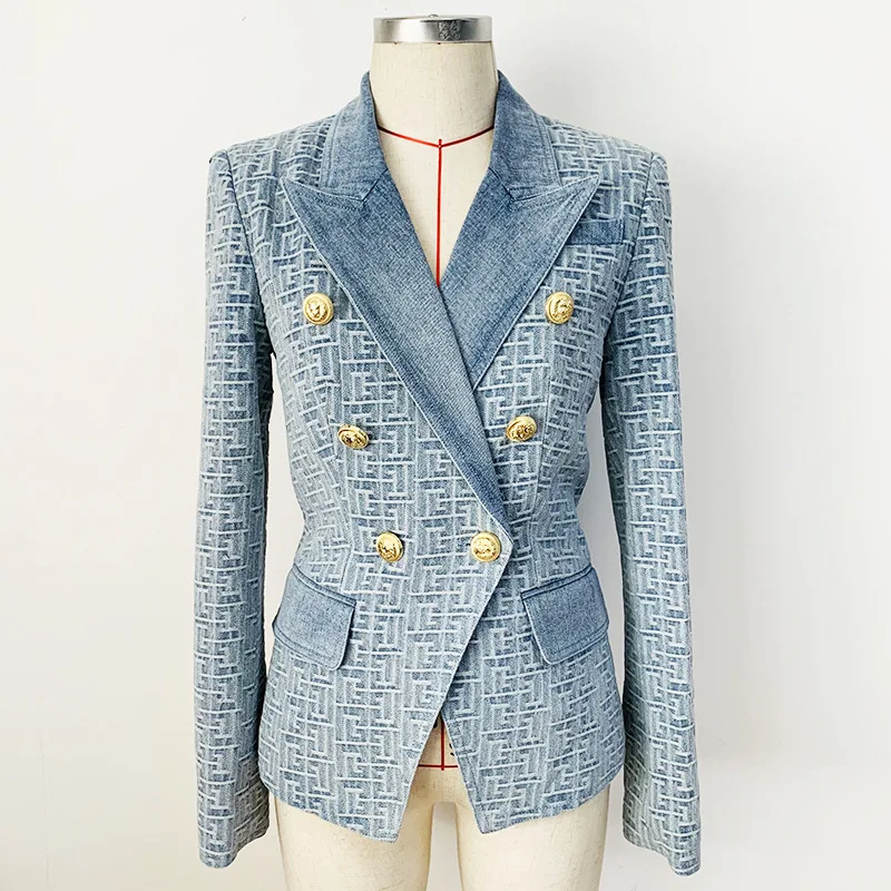 

2022 Spring And Autumn New Fashion Suit Collar Double-breasted Lion Button Maze Figure Jacquard Women's Denim Suit Jacket Blazer