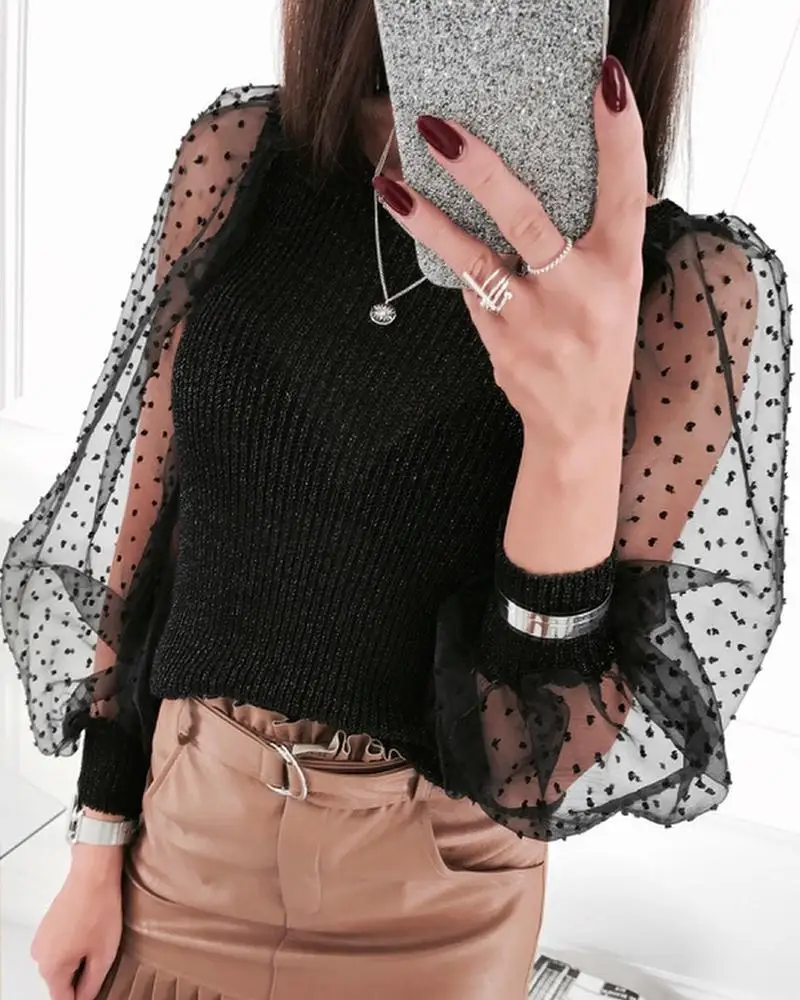 

Blouses for Women Fashion 2022 Puff Sleeve Knitted Sweater Slim Top Elegant Long Sleeve Shirt Korean Clothing Streetwear