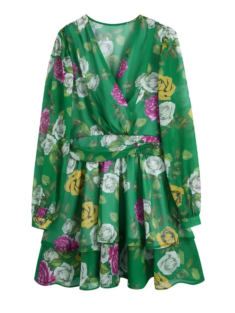 

BBWM Vintage Women Print Puff Sleeve Mini Dresses 2022 New Fashion Spring Elegant Female V Neck Flowers Dress Sweet Chic