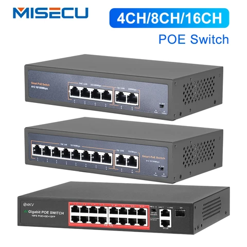 Коммутатор MISECU 48V 4/8/16 портов POE коммутатор Ethernet Switch 10/100Mbps IEEE802.3 Af/at Для IP-камеры/беспроводной AP/CCTV камеры AI Smart Switch