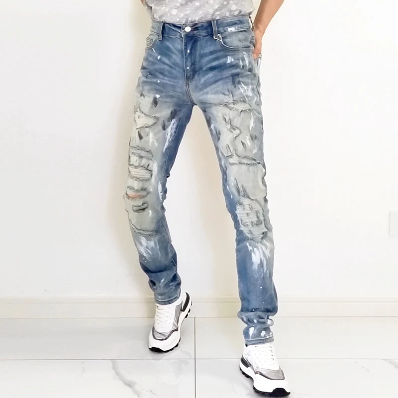 Streetwear Fashion Men Jeans Retro Gray Blue Elastic Stretch Skinny Ripped Jeans Men Painted Designer Hip Hop Brand Pants Hombre