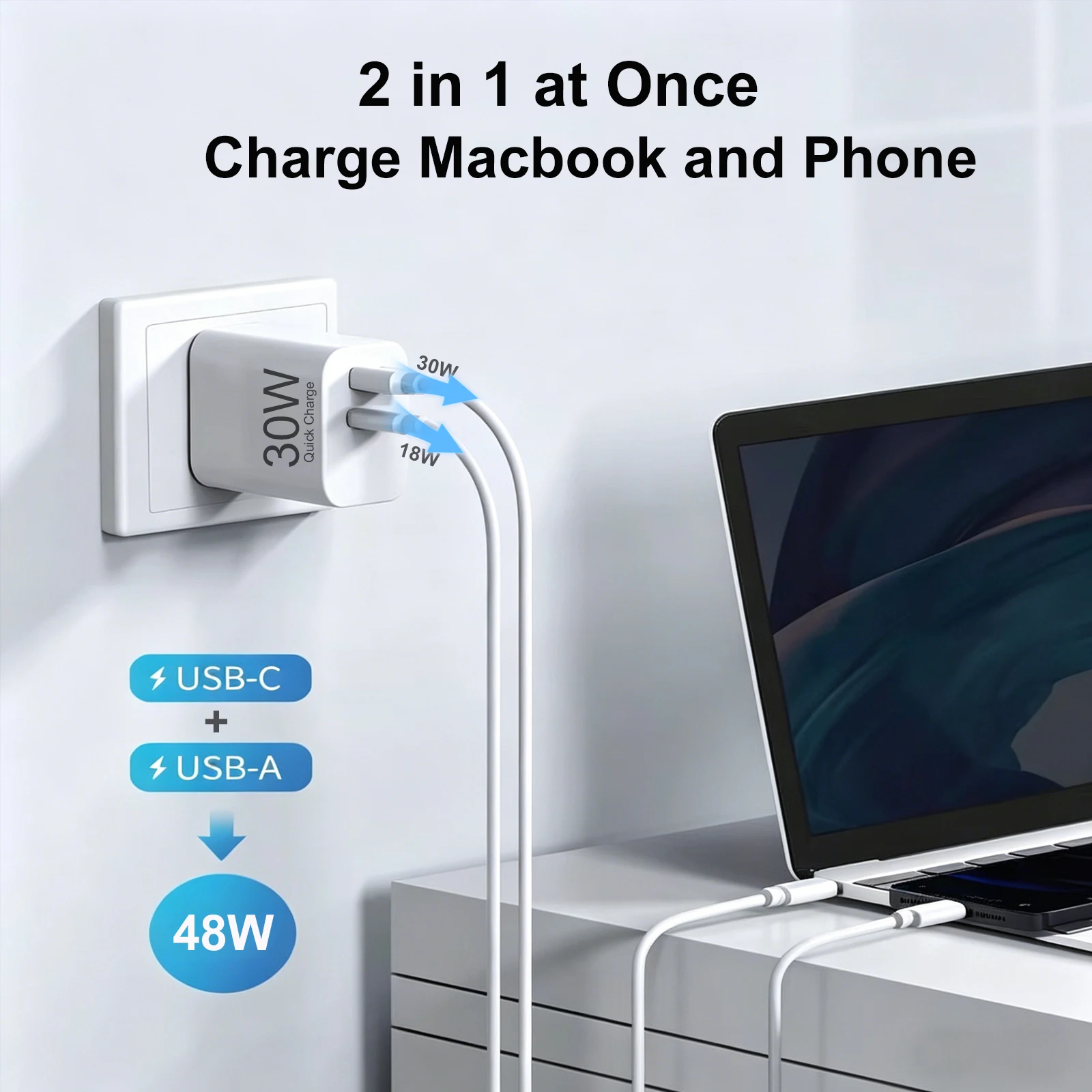 Фото Зарядное устройство UYUXIO 30W USB-C с двумя портами, быстрая зарядка PD, адаптер питания с вилками US/EU для iPhone 17 16 15 14 Pro Max, Samsung Galaxy №3