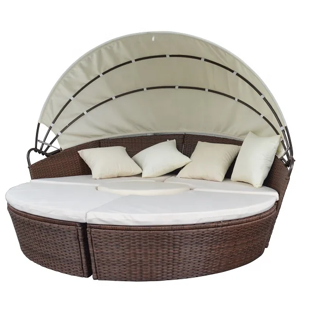 

Outdoor Furniture Wicker Sofa with Retractable Canopy/ Round Rattan Beach Daybed
