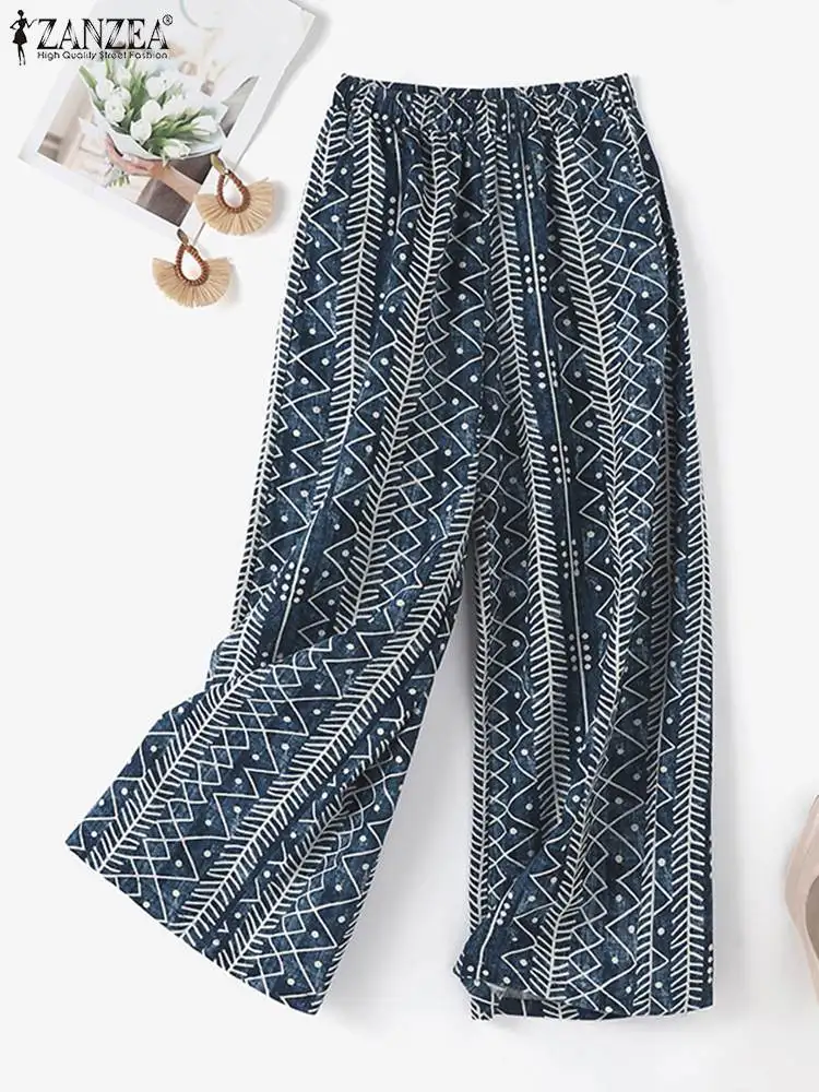 

ZANZEA Vintage Holiday Trousers Women 2023 Summer Wide Leg Pant Cotton Linen Elastic Waist Pantalon Casual Ethnic Printed Pants