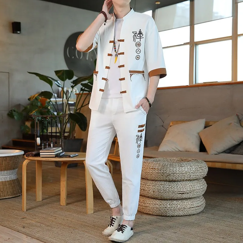 Mens Cotton and Linen Casual Shirt Summer Chinese Style Disc Buckle Retro Five-point Sleeve Hanfu Stand Collar Tang Suit Coat