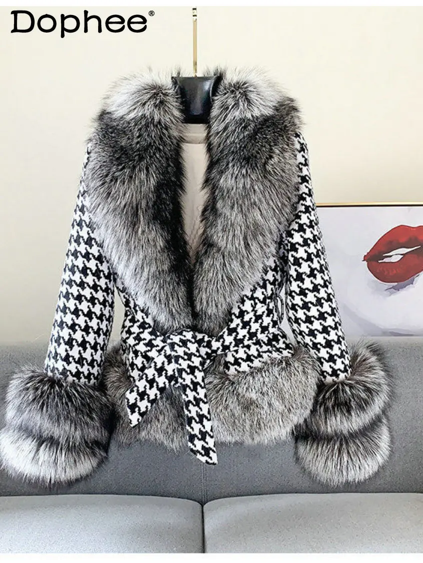 

2022 Fall Winter New Houndstooth Big Fur Collar Fox Fur Furry Coat Women Temperamental Short Woolen Fur Jacket Casacos Femininos