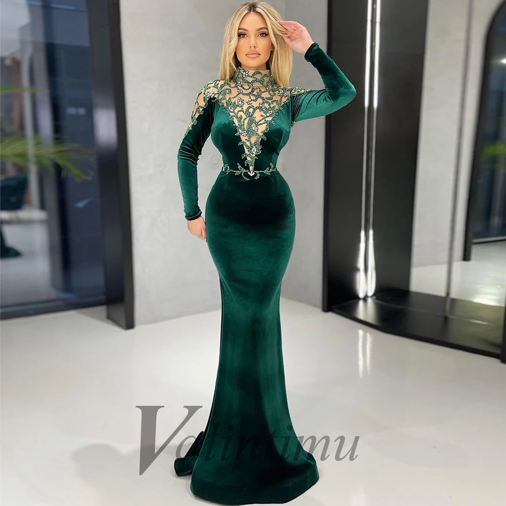 

Charming Sexy Velour Green Beading Rhinestone Evening Dress Appliques Sheath Illusion Made To Order Robes De Soirée Formal Prom