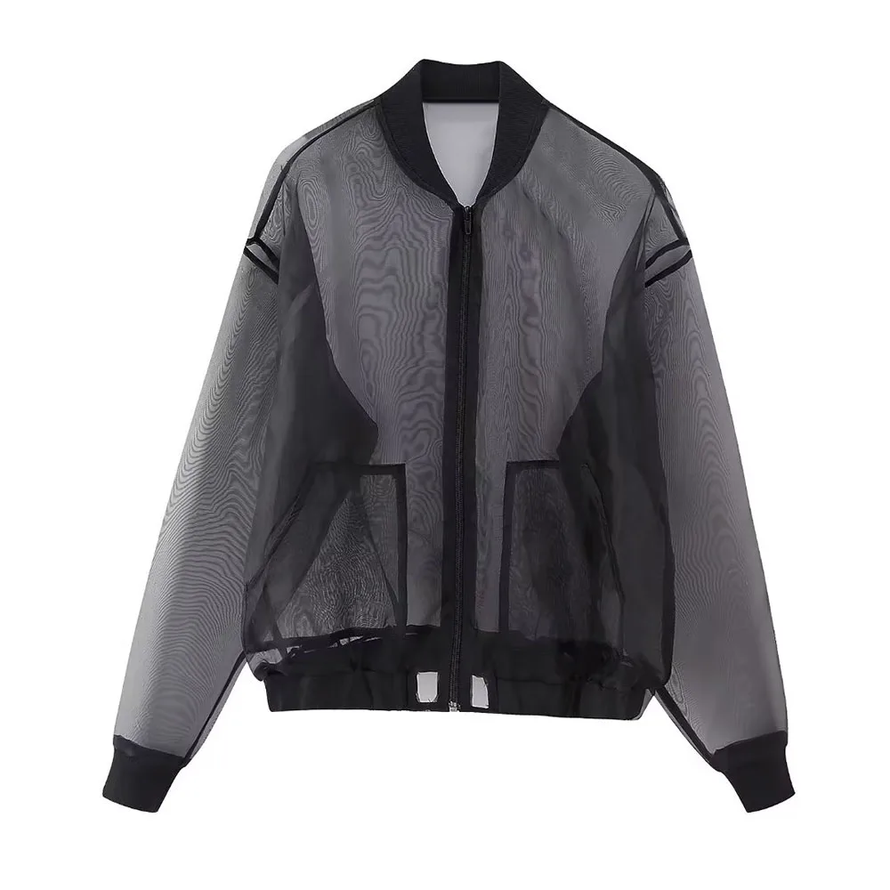 

PB&ZA Women 2023 Summer New Fashion Transparent Hard Yarn Pilot Jacket Versatile Retro Zipper Decoration Female Coat