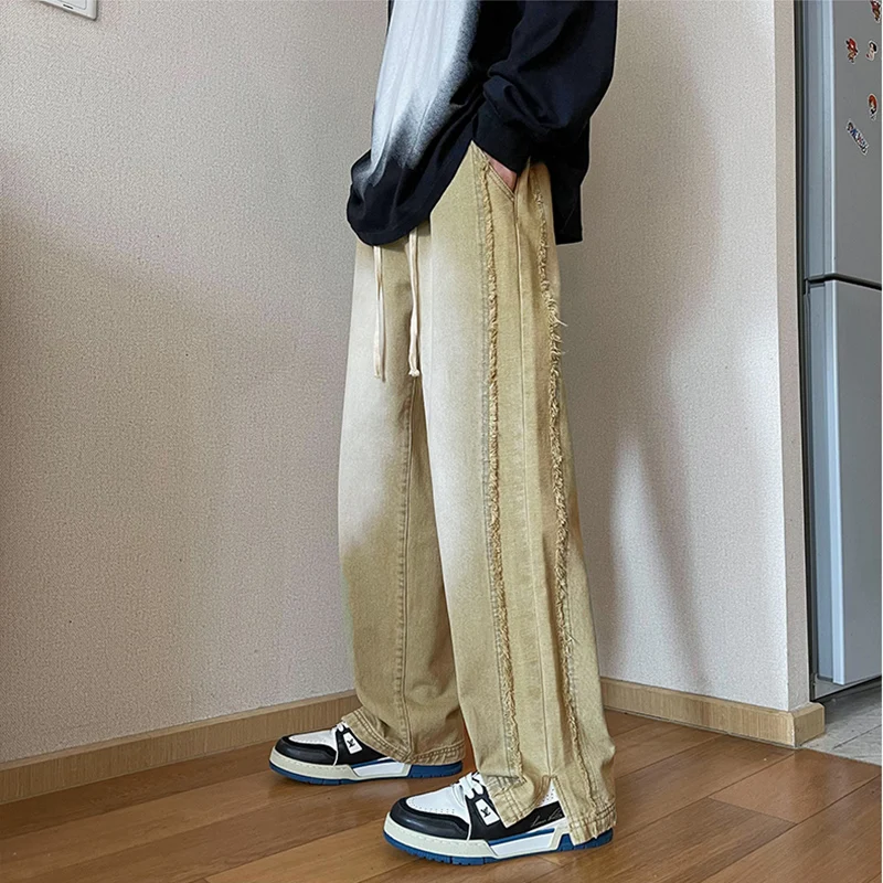 Four Seasons Men's Raw Edge Jeans Wide Leg Pants Fashion Brand Elastic Waist Hip Hop Men's Patchwork Trousers Casual Streetwear
