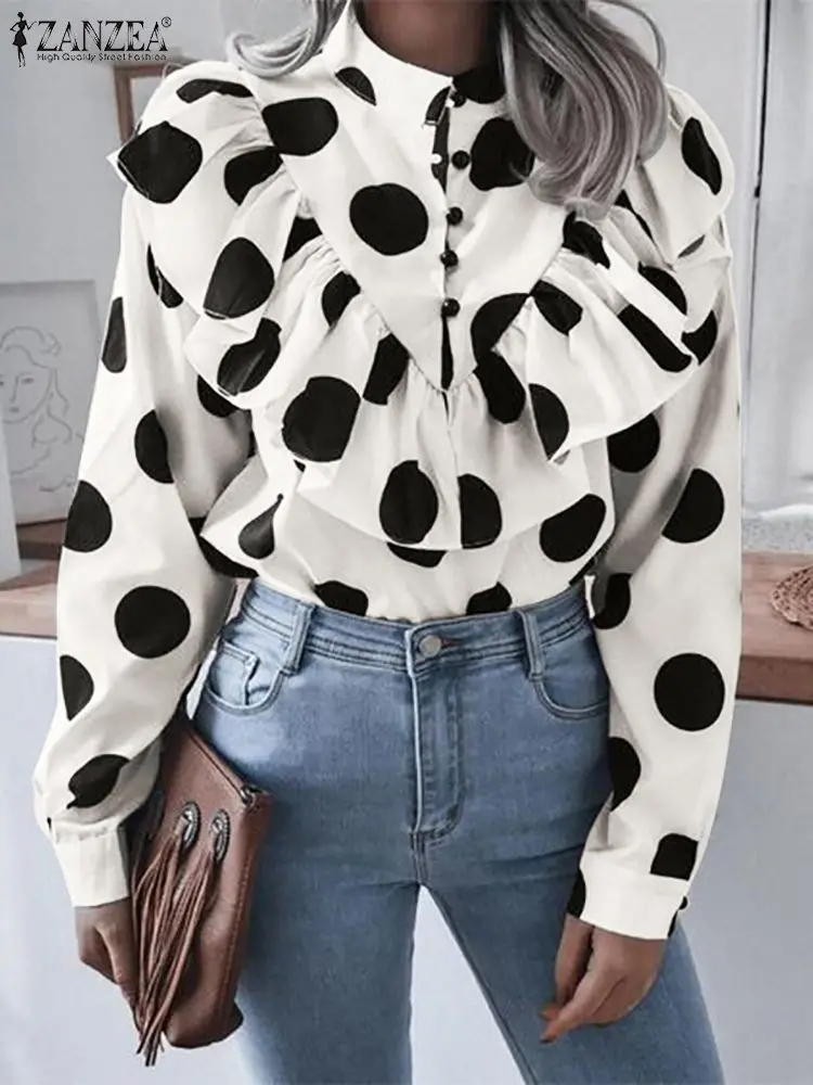

Блузка ZANZEA Женская с длинным рукавом, модная рубашка в винтажном стиле в горошек, элегантный повседневный Свободный Топ с оборками, осень