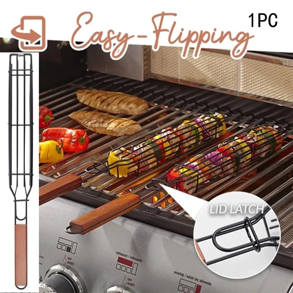 

BBQ Basket Portable Stainless Steel Reusable Durable Anti-Corrosion Wooden Handle Barbecue Tool Grill Basket Grill Net