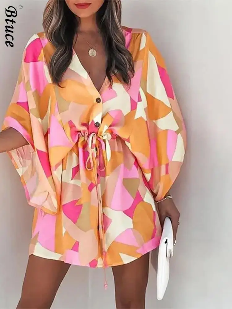 

Повседневное пляжное мини-платье для отпуска в стиле бохо, женские летние платья на пуговицах с принтом и рукавом летучая мышь для женщин, с...