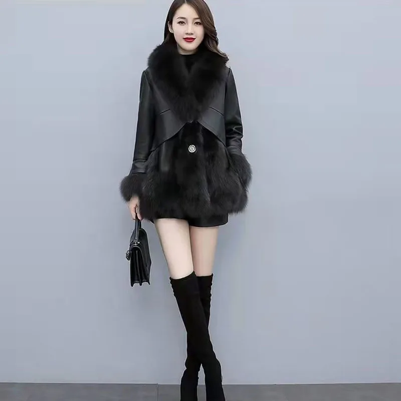 New Women's Black Imitation Fur Coat Winter Imitation Fox Fur Jacket Long Outerwear Female Splicing Thick PU Leather Overcoat images - 6