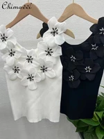 three dimensional flower stitching sweet v neck sleeveless pullover top 2022 summer new diamond beaded knitted tank for women