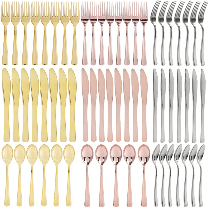 

25Pcs/lot Rose Gold Gold Disposable Cutlery Plastic Wedding Party Tableware Set Golden Dinner Knife Fork Spoon Birthday