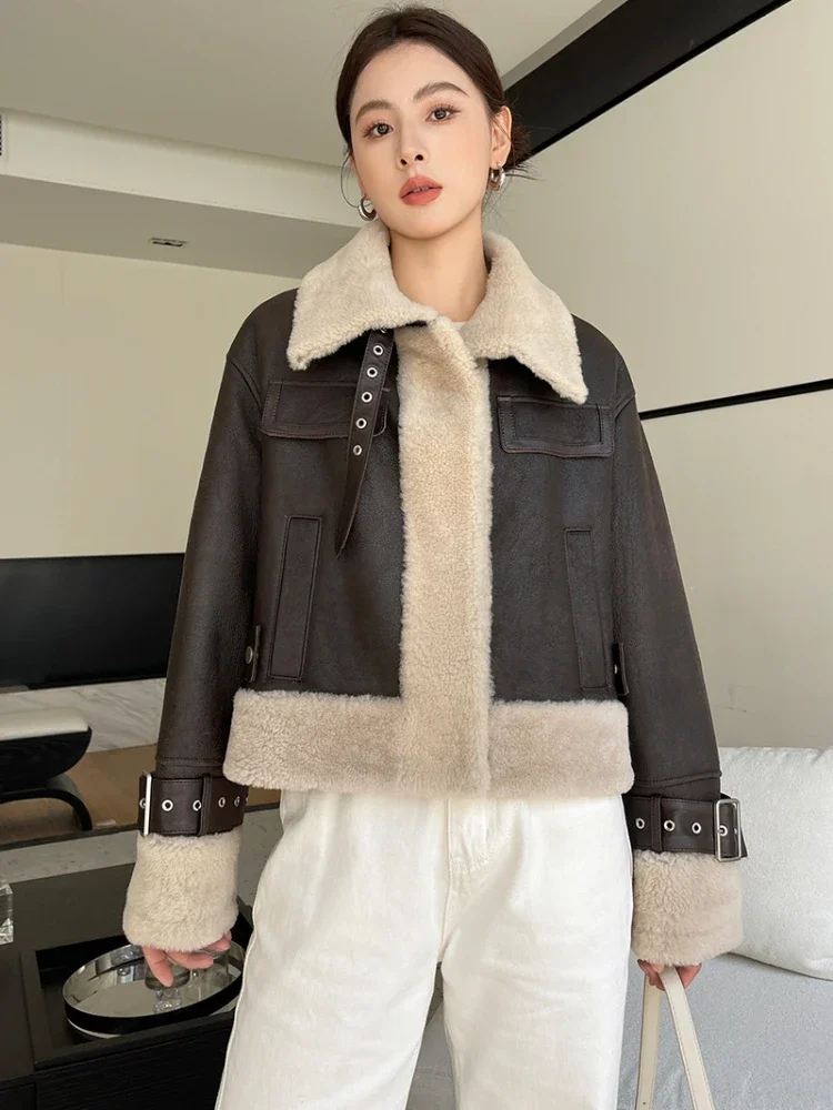 

Luxury Merino Fur Genuine Leather Jacket for Women 2023 New High Quality Fashion Short Warm Winter Real Fur Coat
