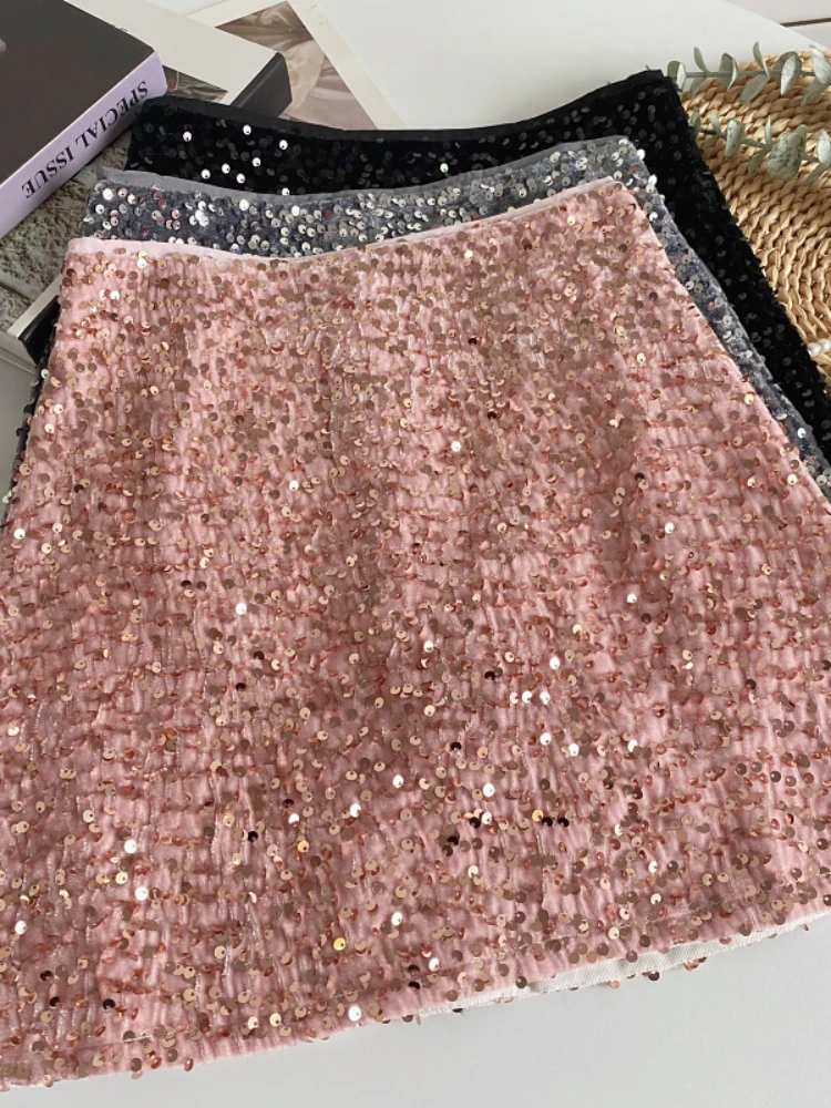 

Женская мини-юбка с блестками и высокой талией, в Корейском стиле