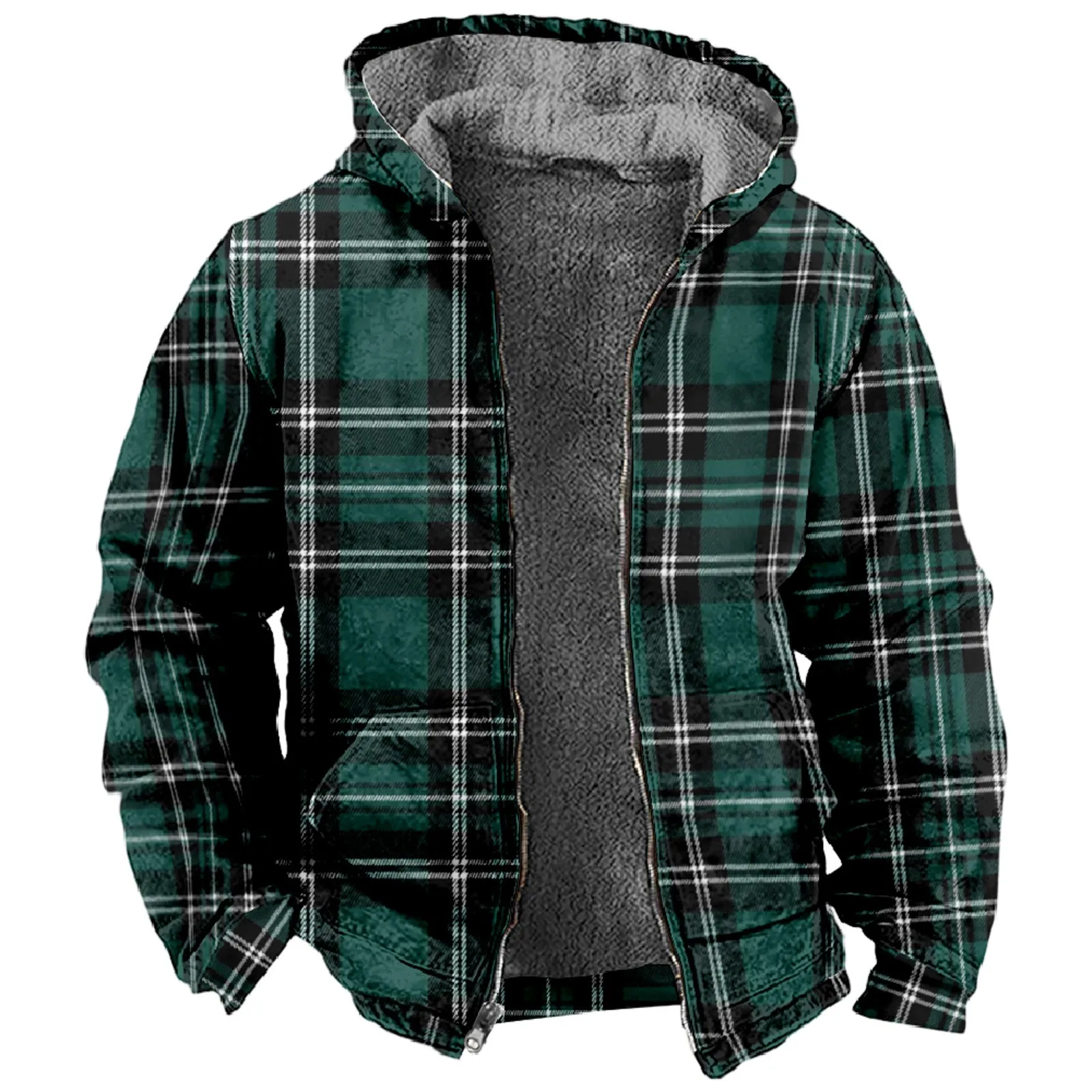 

Men Winter Jackets Harajuku Plaid Shirts Coats Hooded Zipper Long Sleeve Basic Fleece Casual Shirts Jackets European Style