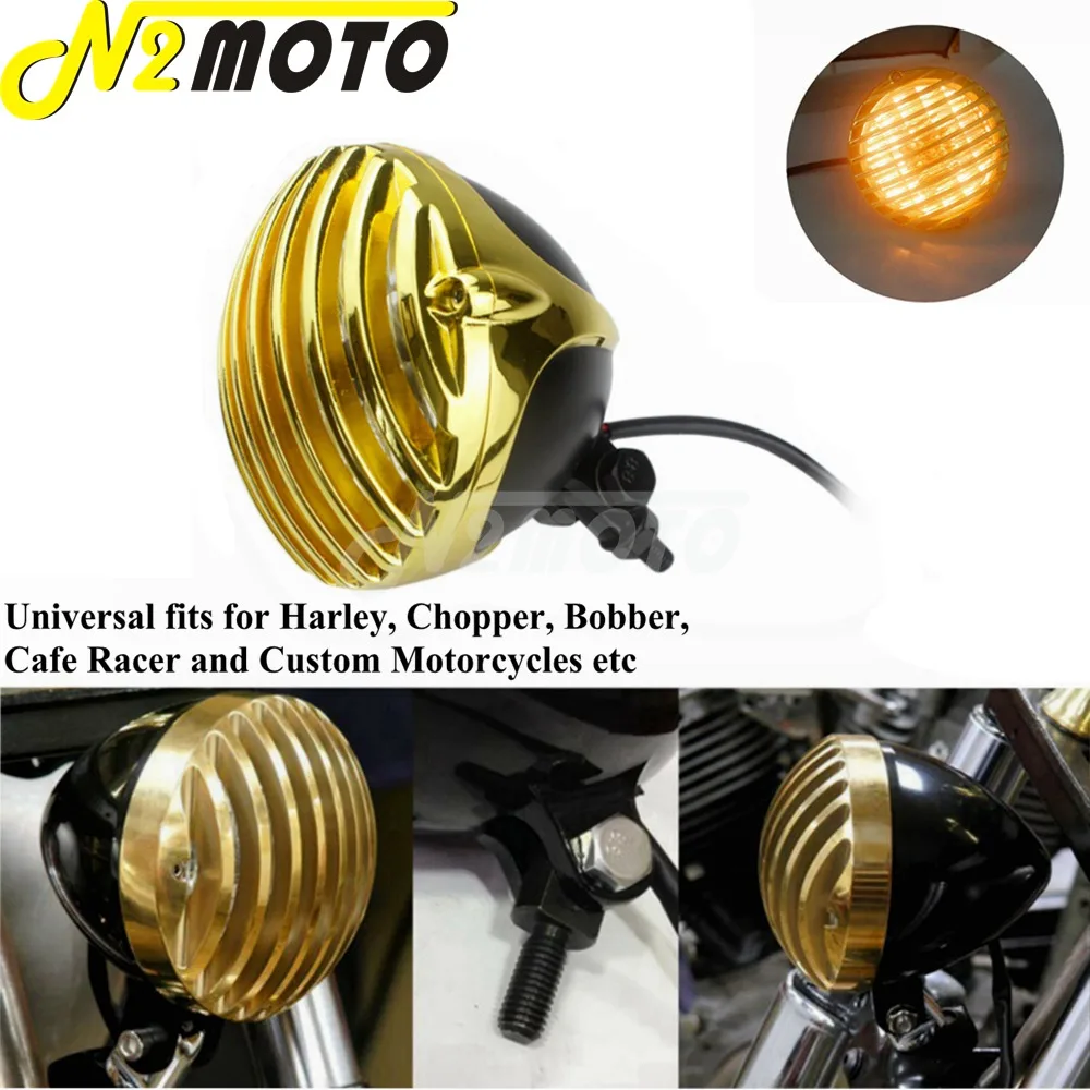 

Cafe Racer Brass Finned Grill Scalloped H4 Bulb Headlight Retro Headlamp Old School For Harley Cruiser Chopper Bobber Custom