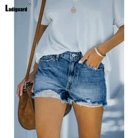 ladiguard 2022 sexy fashion denim shorts women casual shredded button up short jeans high cut femme vintage stand pocket hotpant