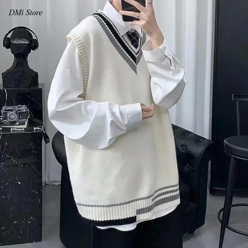 

Джемпер мужской вязаный, модный простой Повседневный теплый свободный уличный свитер для колледжа, жилеты в стиле пэчворк с V-образным вырезом, без рукавов