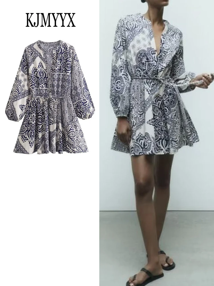 

KJMYYX Summer Women Fashion Print Mini Dresses 2023 New Female Vintage Long Sleeve Party Dress Lady Casual Street Outfits