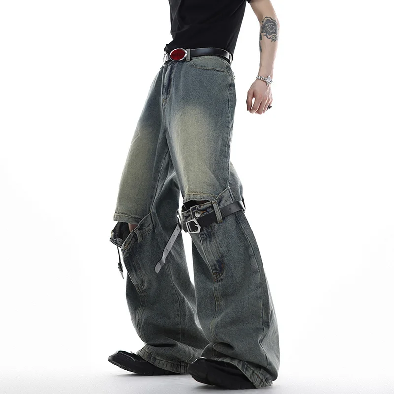 FEWQ Vintage Men Spliced Micro Flared Jeans American Style High Street Wide Leg Straight Denim Pant 2023 New Personality 9A8932n