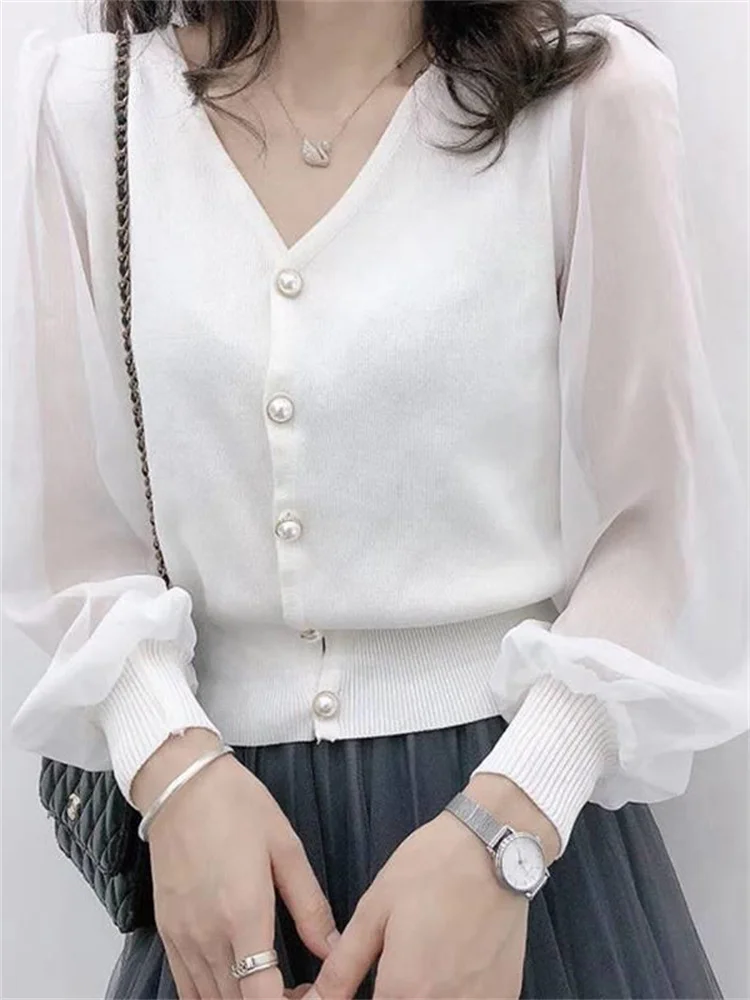 

Spring Autumn Solid Color Button V-neck Gauze Long Sleeve Women's Clothing Fashion Casual Chiffon Thin Black White Wild Shirts