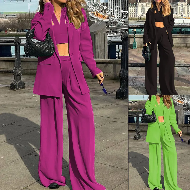 

Pant Sets Women's 2023 Spring New Fashion Long-sleeved Suit Coat Casual Pants Suit Three-piece Set Conjunto Femenino