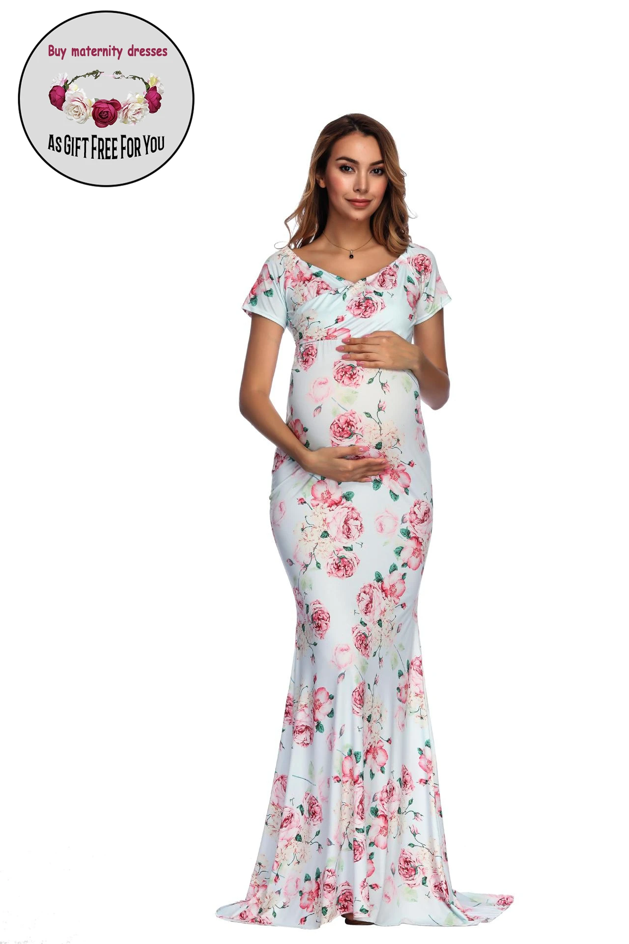 

Women Fashion Deep V-neck Maternity Dress for Photography Props Long Print Mermaid Pregnancy Dress Nursing Maxi Gown