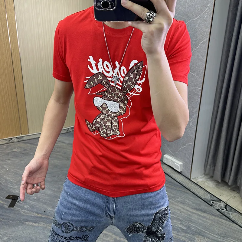 

2023 Cartoon Printed T Shirts Men Summer Clothes Mercerized Cotton Fashion Streetwear O Neck Short Sleeve Slim Mens Tops Camisas