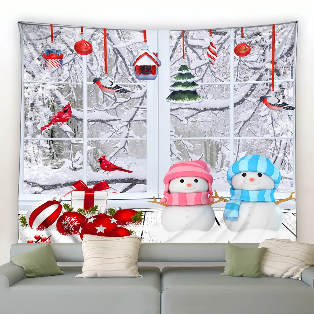 

Рождественский гобелен, снеговик, Рождественский шар, красные птицы, подарки, окно, Зимний лес, новогодний настенный Декор для дома, гостиной