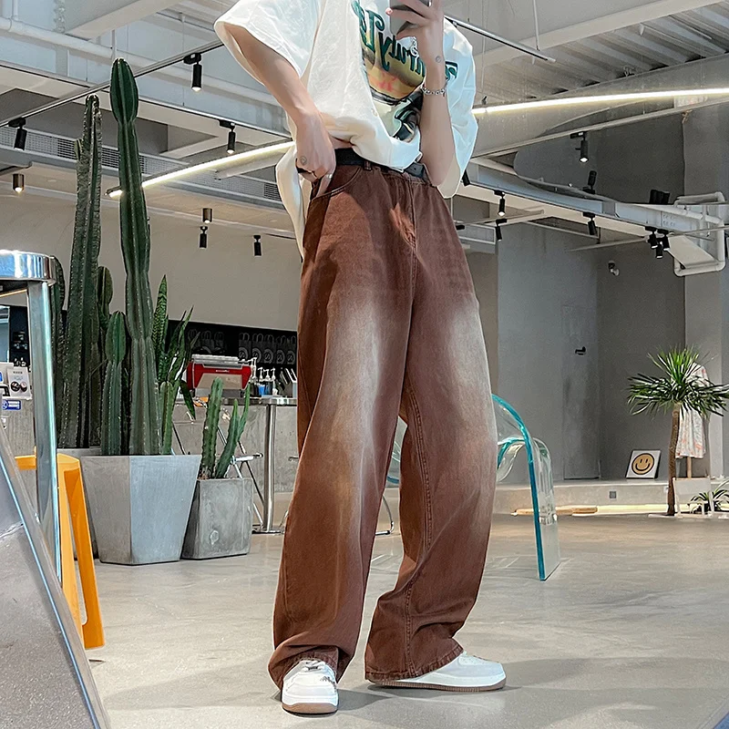 

Summer Brown Baggy Jeans Men Fashion Retro Casual Wide Leg Jeans Men Streetwear Loose Hip Hop Straight Denim Pants Mens Trousers