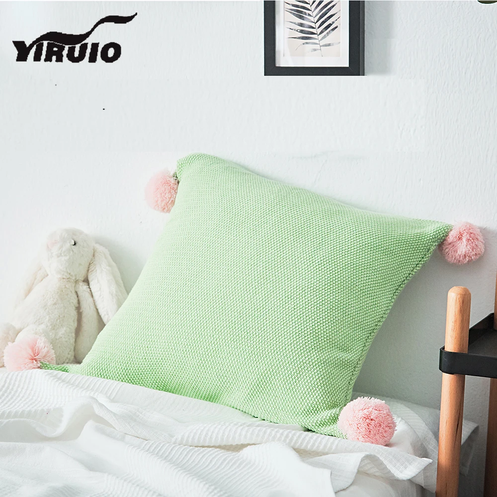 

YIRUIO Kawaii Pompons Contrast Color Cushion Cover 45*45CM Cute Bed Sofa Decorative Pillow Cover Soft Fluffy Throw Pillow Case