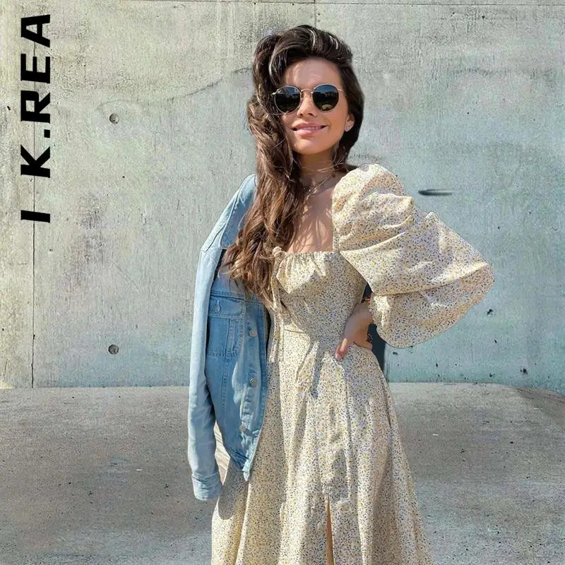 Женское платье макси с длинным рукавом рюшами и разрезом на завязках |