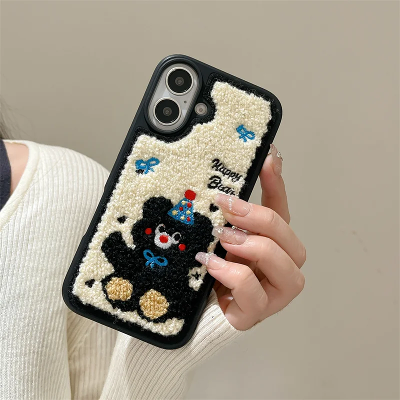 Ins корейский милый плюшевый чехол для телефона с вышивкой медведя iPhone 14 Pro 16 13 15 Max