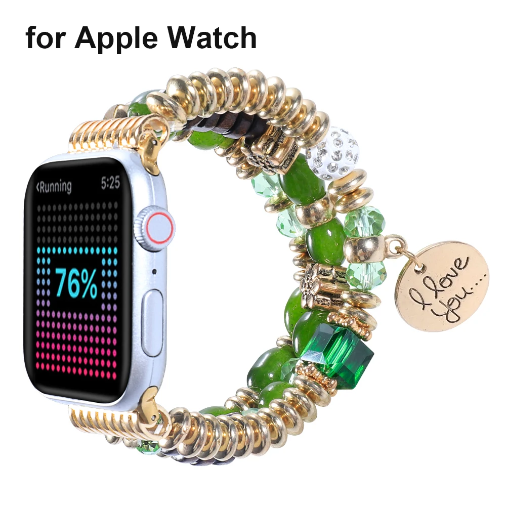 Green Beaded Bracelet for Apple Watch Bands 38mm 40mm 41mm 42mm 44mm 45mm Women Elastic Strap Wristbands for iWatch SE Series 7