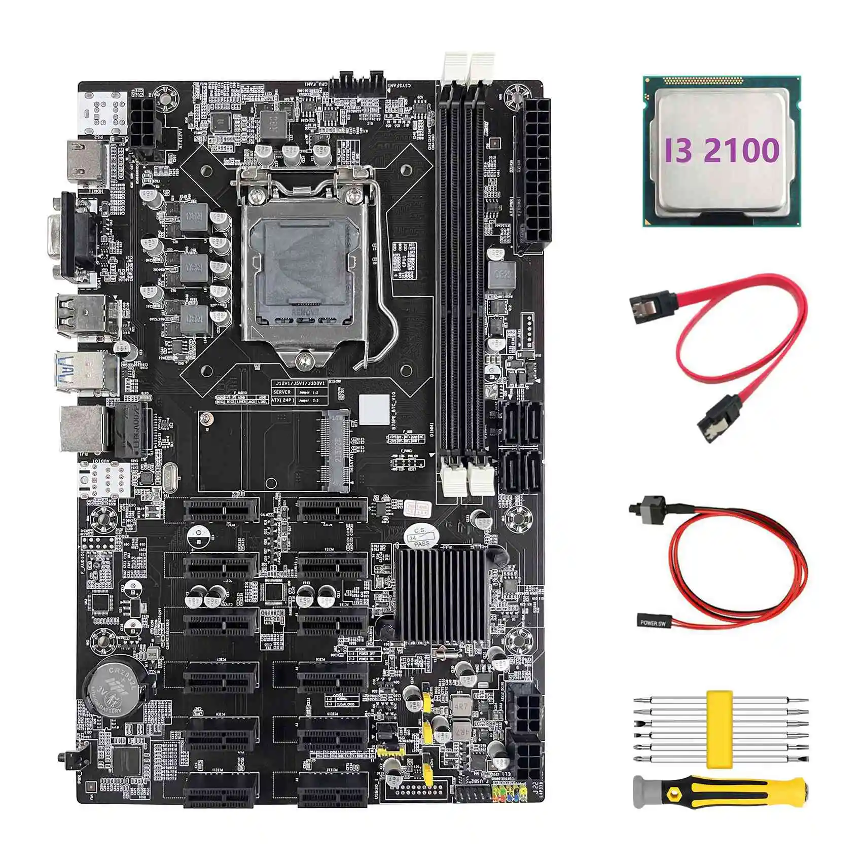 

B75 ETH Mining Motherboard 12 PCIE+I3 2100 CPU+Screwdriver Set+SATA Cable+Switch Cable LGA1155 B75 BTC Miner Motherboard