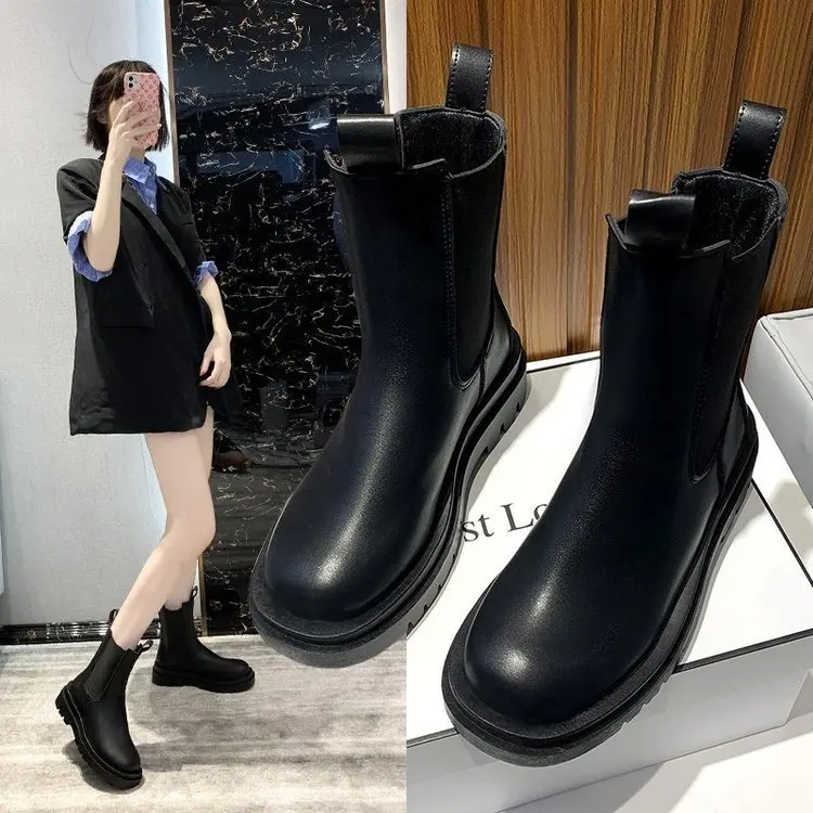 

2022 New Martin Boots Women Ins Tide Autumn New Thick-soled Black Booties Middle Tube Chelsea Chimney Boots