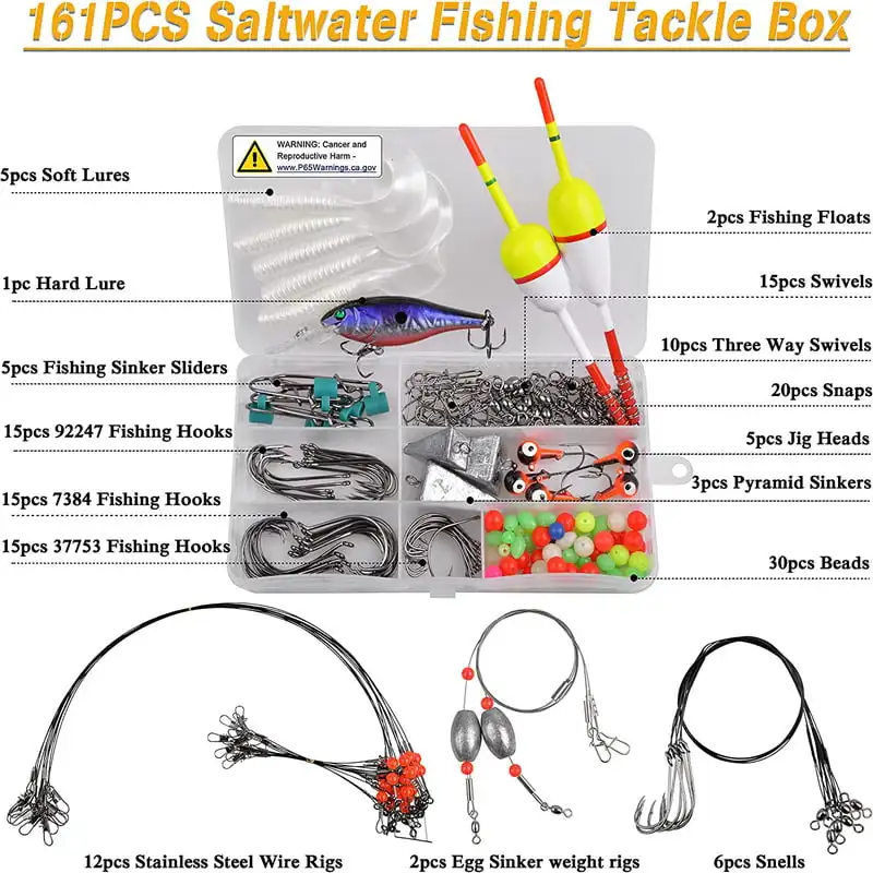 

Lures Surf Fishing Tackle Box Kit, 161pcs Ocean Beach Fishing Equipment Accessories Fishing Bait Rigs Lures Wire Line Monnow Hoo