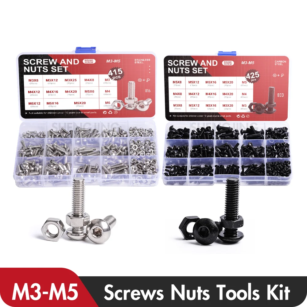 

200/300/425Pcs Round Socket Screws Nuts Assortment Kit M3 M4 M5 Stainless Steel Black 304/10.9 Pan Head Bolt Hex Nut Tool Set