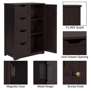 Espresso Wooden Bathroom Storage Cabinet with 4 Drawers & Cupboard