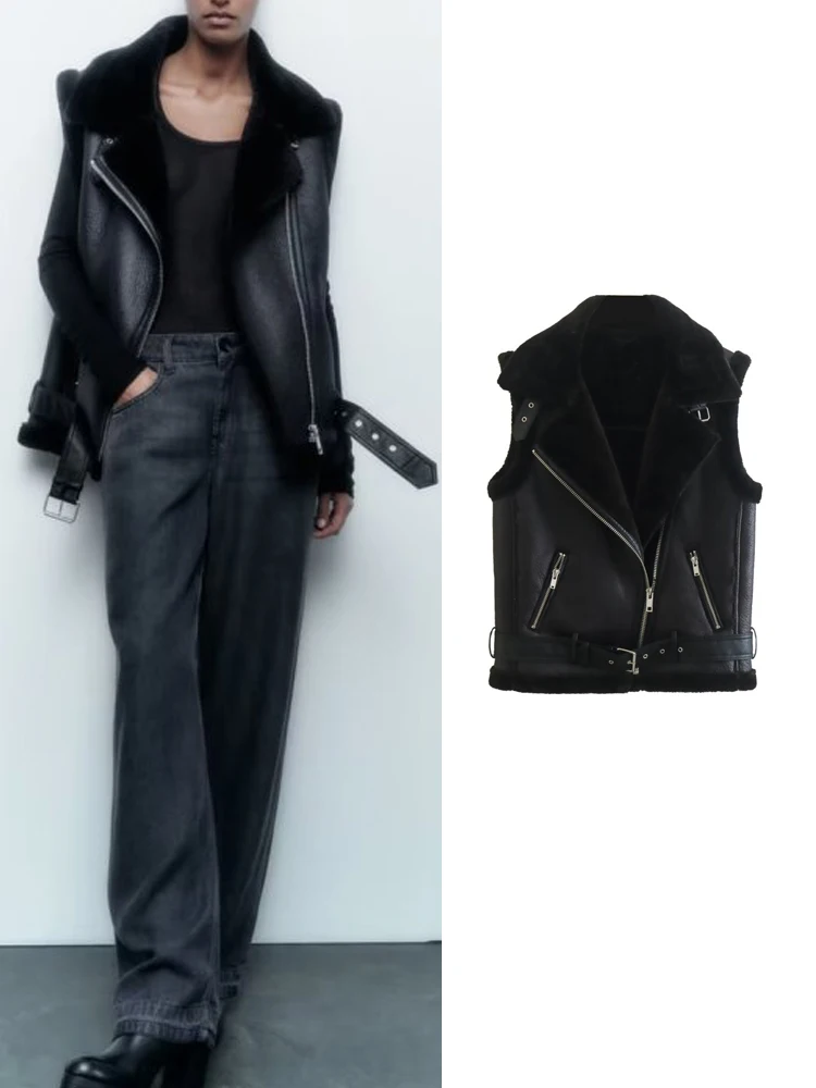 

Autumn Winter 2022 New za Women's Stylish Retro Casual Lapel Zipper Pocket Trim Loose Quality Heavy Suede Lamb Chic Vest Coat
