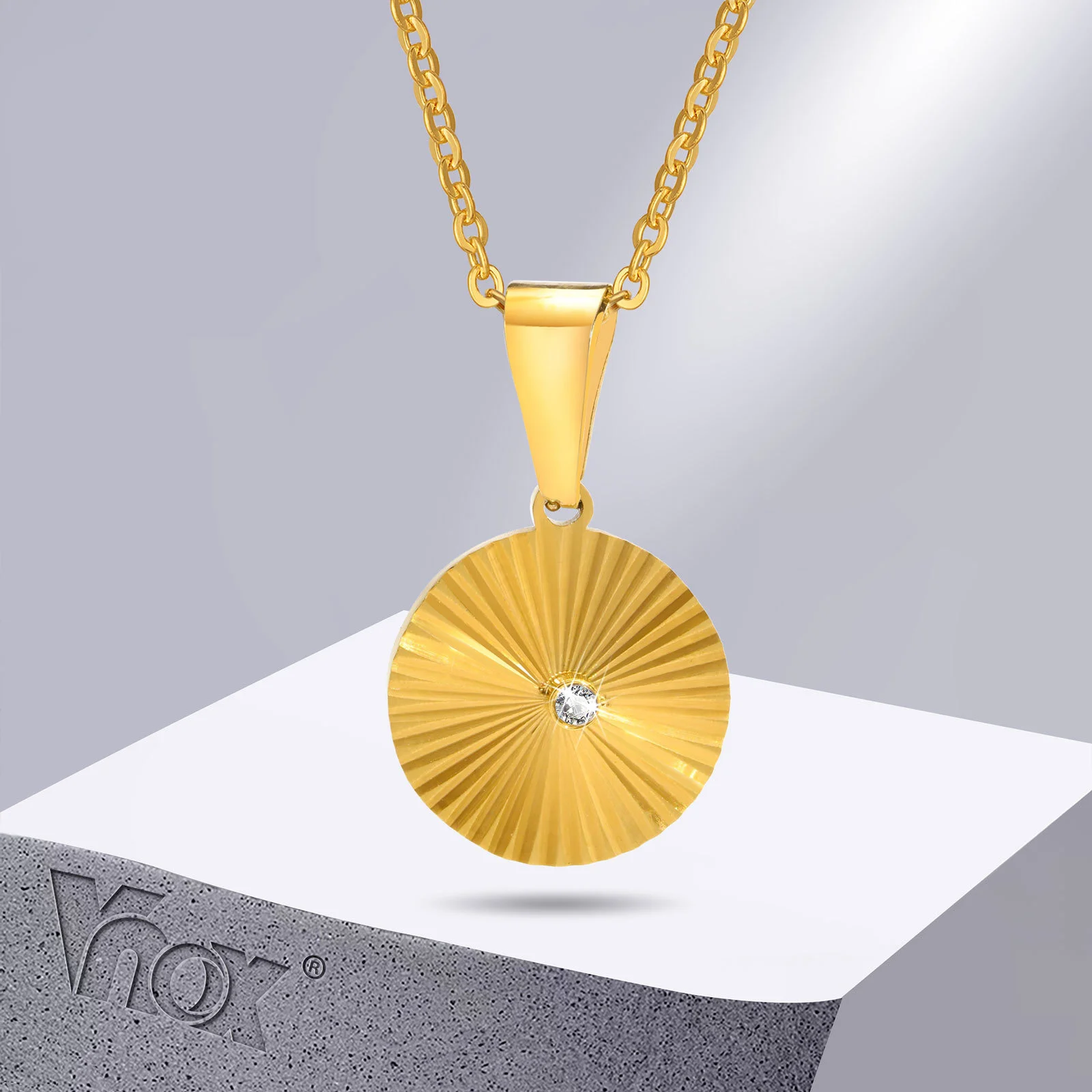 

Vnox Exquisite Gold Color Stainless Steel Round Coin Necklaces for Women Female Gifts Jewelry with Bling CZ Stone