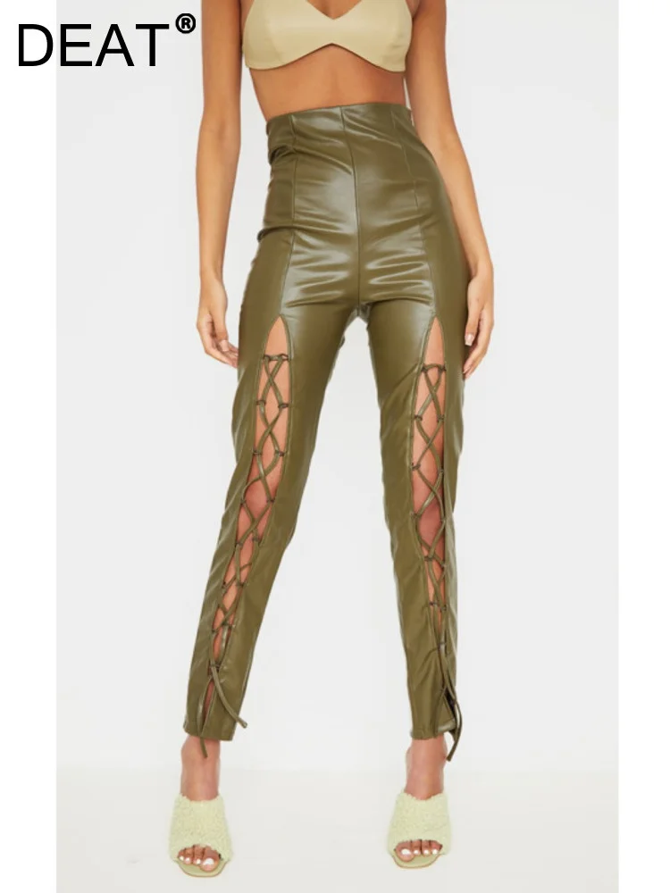 

[DEAT] 2023 New Spring Women's Fashion Full Length Lace Hollow Out PU Leather High Waist Pants Female Sexy Trousers WY79704L