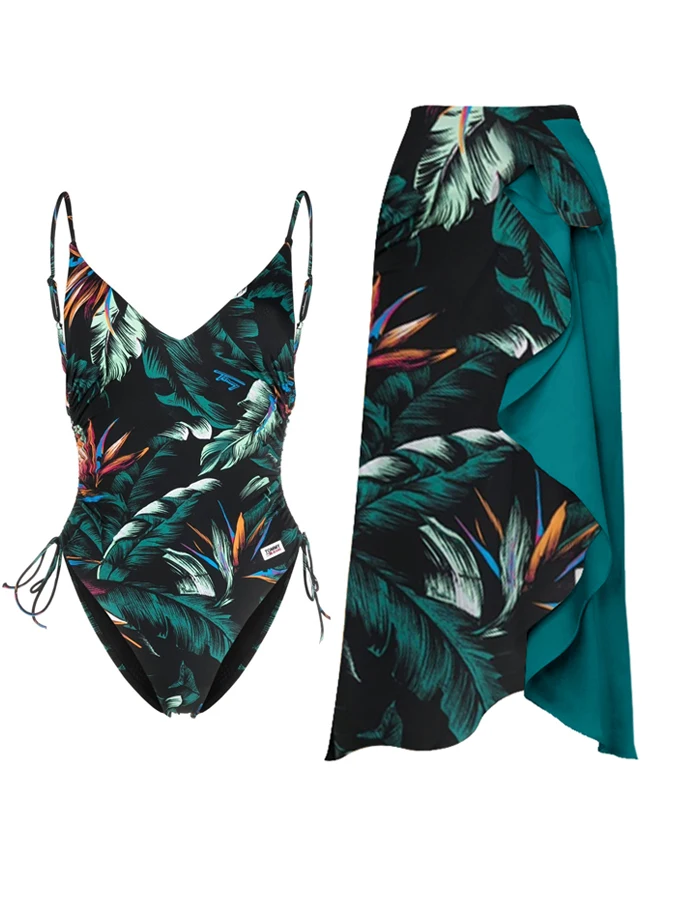 

Vintage Floral Print Drawstring One-Piece Swimsuit And Cover Up
