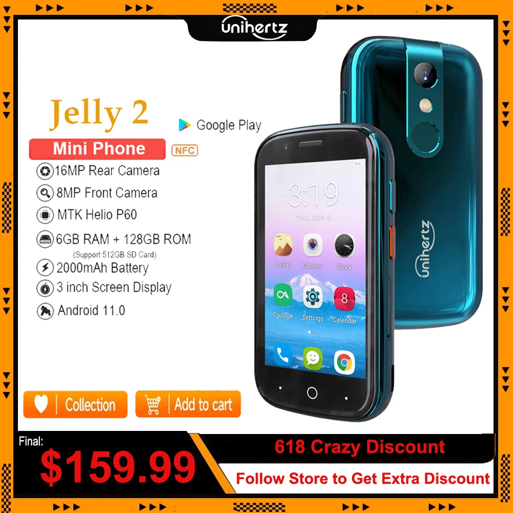 Unihertz Jelly 2 4 inch Mini Smartphone Android 11 Helio P60 Octa Core Unlocked 6GB 128GB NFC Cellphone 16MP Infrared Phone