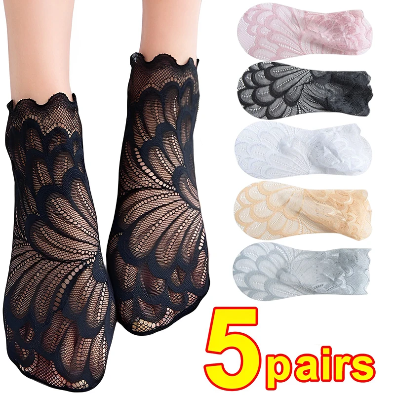 5Pairs Women Lace Flower Mesh Socks Non-slip Invisible Liner Sock Female Elastic Comfy Thin Transparent Breathable Ankle Socks
