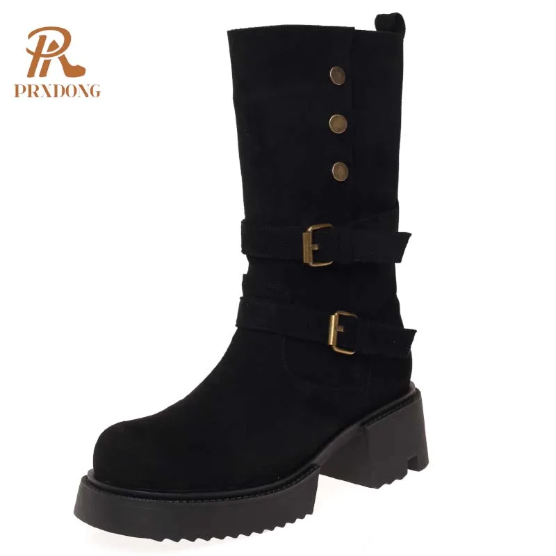 PRXDONG 2024 новые брендовые женские ботинки до середины икры из натуральной кожи